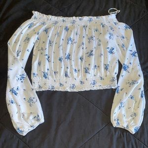 White and blue floral off the shoulder crop top from H&M